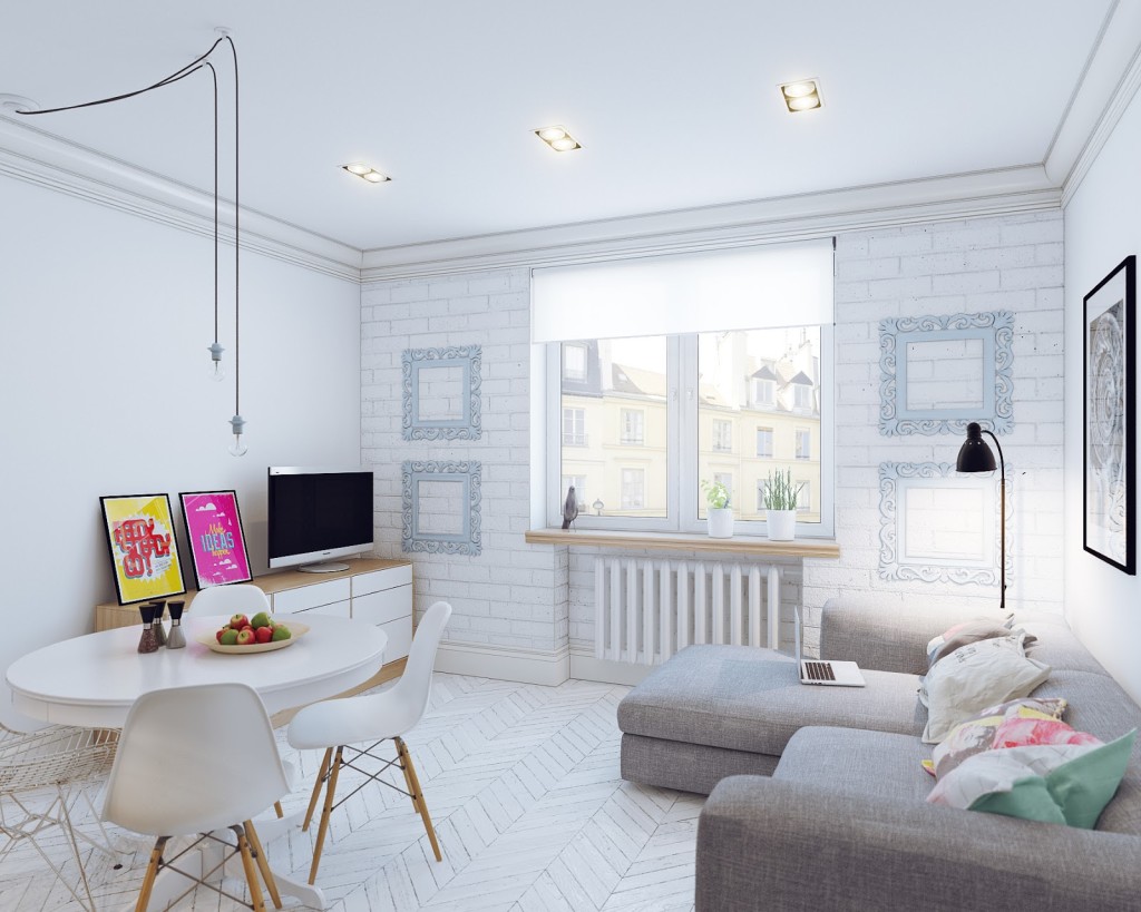 arredamento in stile nordico: le immagini del soggiorno bianco con il divano grigio