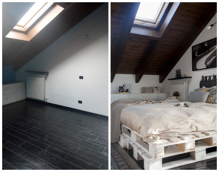 prima e dopo della camera da letto in mansarda con dettaglio letto fatto con pallet.