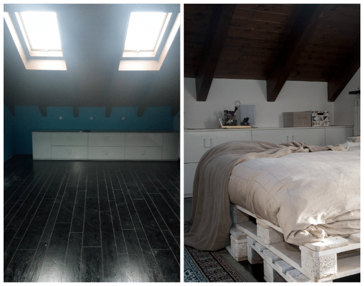 prima e dopo della camera da letto in mansarda con dettaglio letto fatto con pallet.