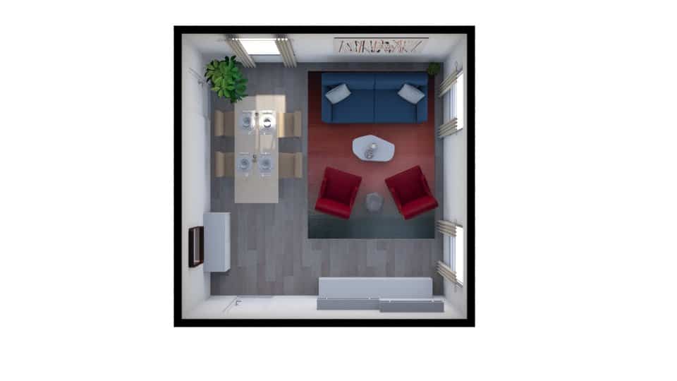 Pianta quadrata di un soggiorno arredato in stile contemporaneo nei colori rosso e blu.