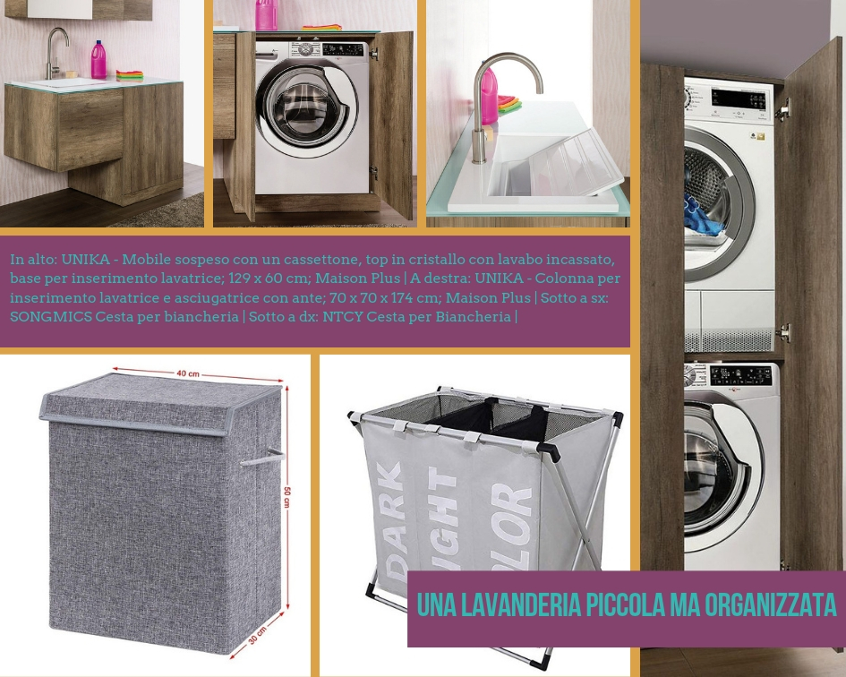 Moodboard per mobili della lavanderia in una piccola stanza, con mobile coprilavatrice, colonna per lavatrice e cesti portabiancheria