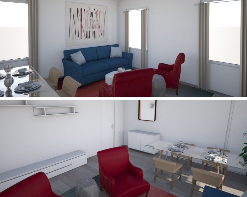 Viste prospettiche del soggiorno  quadrato con dettaglio sui divani nella foto sopra e sul tavolo da pranzo nella foto sotto. 