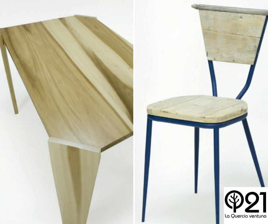 Tavolo Trapezio in legno massello e sedia con struttura in ferro verniciata blu e piani in legno di recupero