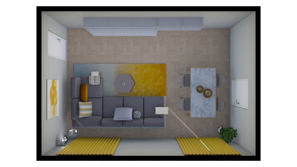 Pianta di un soggiorno rettangolare con divano ad L, parete libreria e tavolo da pranzo in marmo con accessori giallo senape.
