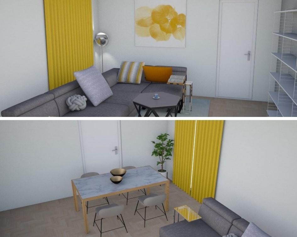 Viste prospettiche di un soggiorno rettangolare con divano ad L, parete libreria e tavolo da pranzo in marmo con accessori giallo senape.