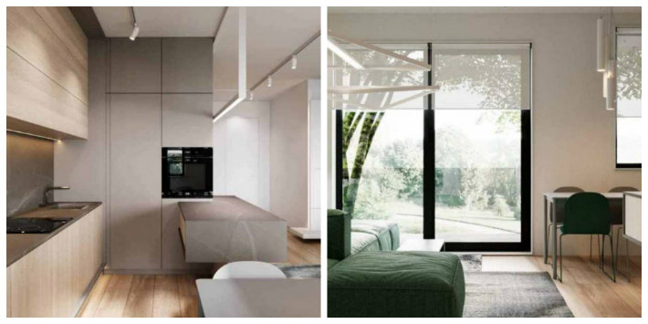 Cucina e soggiorno in un unico ambiente con cucina con basi e pensili in due finiture aperta sul soggiorno con divano verde