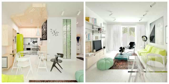 cucina e soggiorno in un unico ambiente in bianco, giallo fluo e verde 