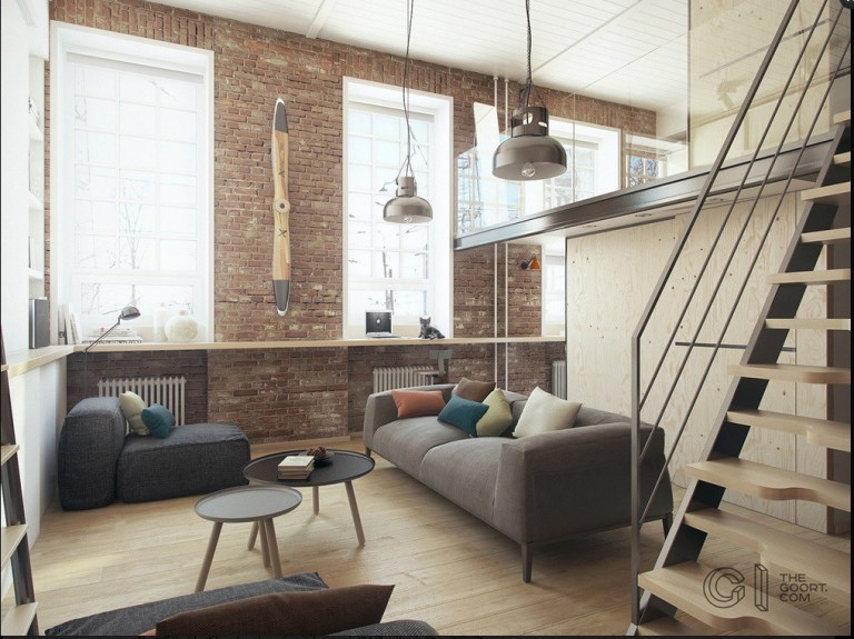 Loft in stile industriale con mensole sotto finestra e cucina sotto scala