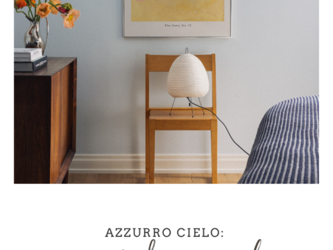 Palette e ambientazione con parete color azzurro cielo per arredare casa con stile