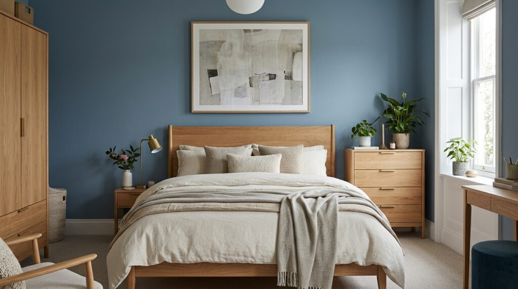 Camera da letto con parete blu avio, letto e arredi in stile contemporaneo vintage.