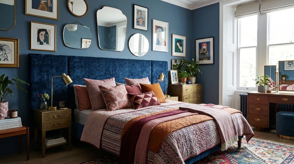 Camera da letto con parete blu avio, letto e arredi in stile contemporaneo vintage.