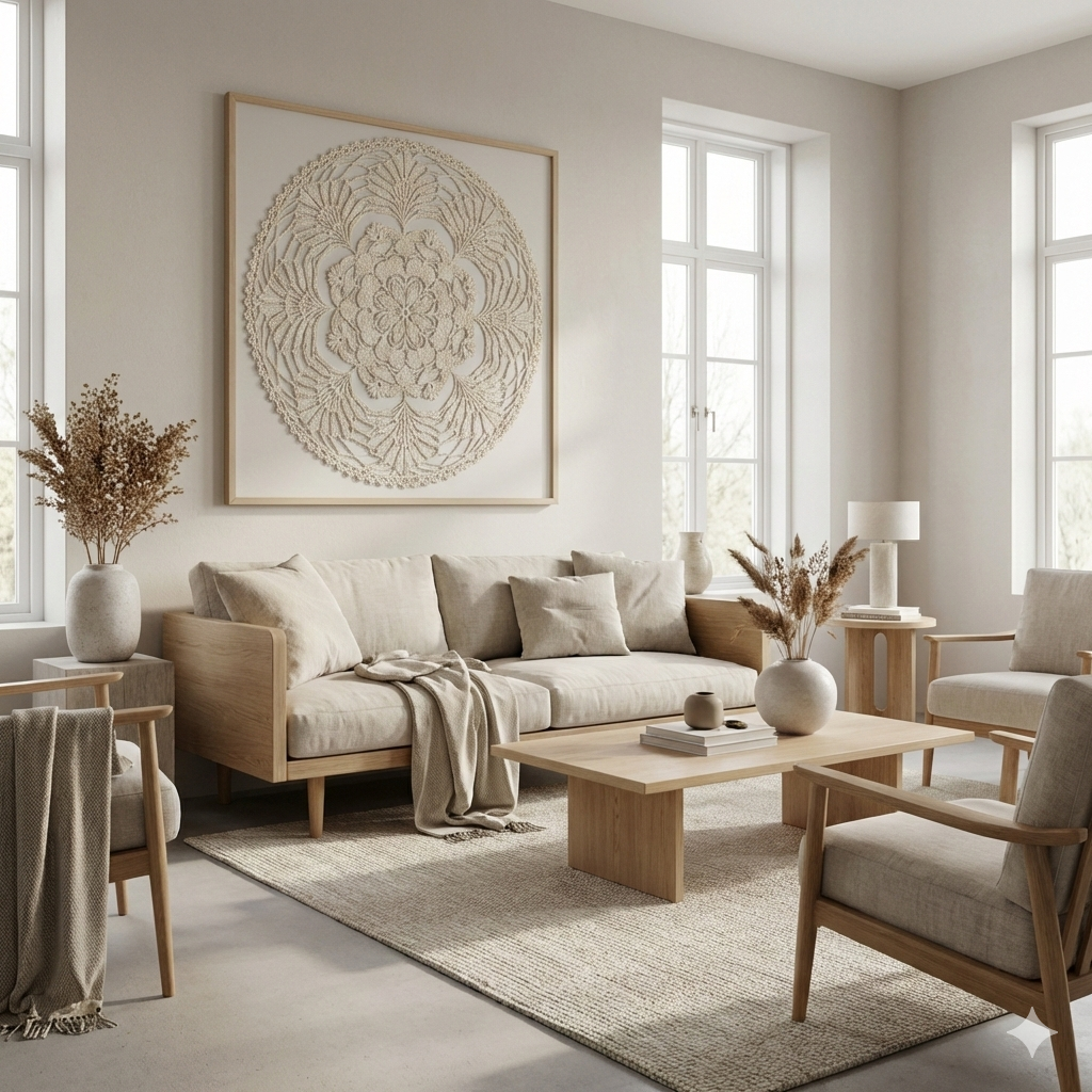 riuso dei centrini della nonna come quadro da appendere sopra il divano, in soggiorno in stile japandi