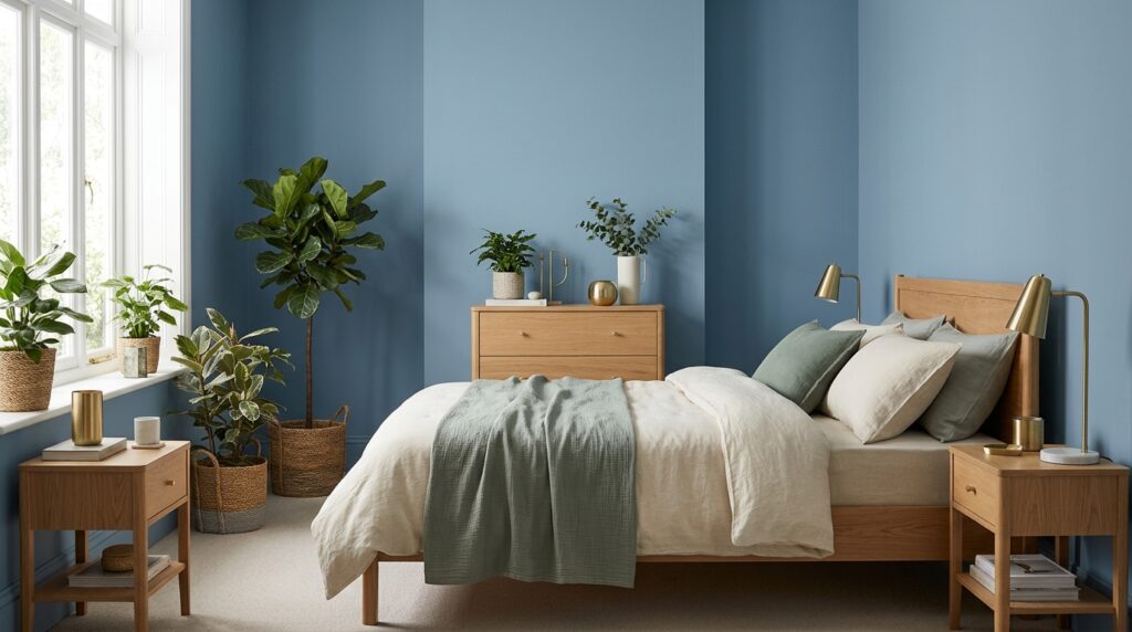 Camera da letto con parete blu avio, letto e arredi in stile contemporaneo vintage.