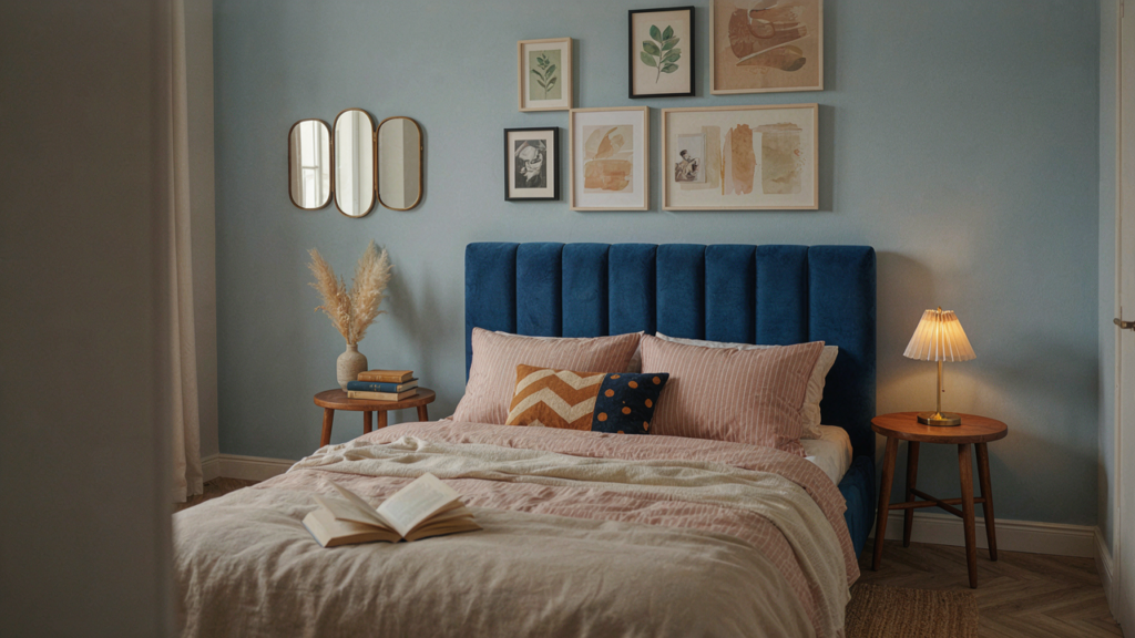 Camera da letto con parete blu avio, letto e arredi in stile contemporaneo vintage.