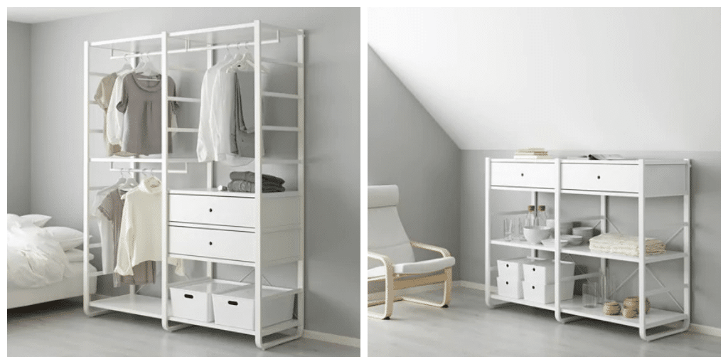 Sistema Elvarli di Ikea montanti bianchi con cassetti e mensole 