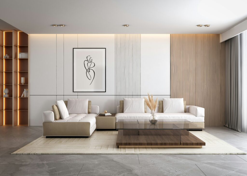 soggiorno contemporaneo con pareti bianche e a listelli di legno, con divano due o tre posti bianco