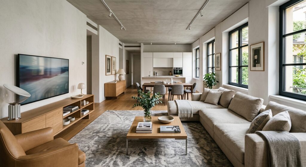 Soggiorno open space con zona pranzo, divano modulare e tappeto