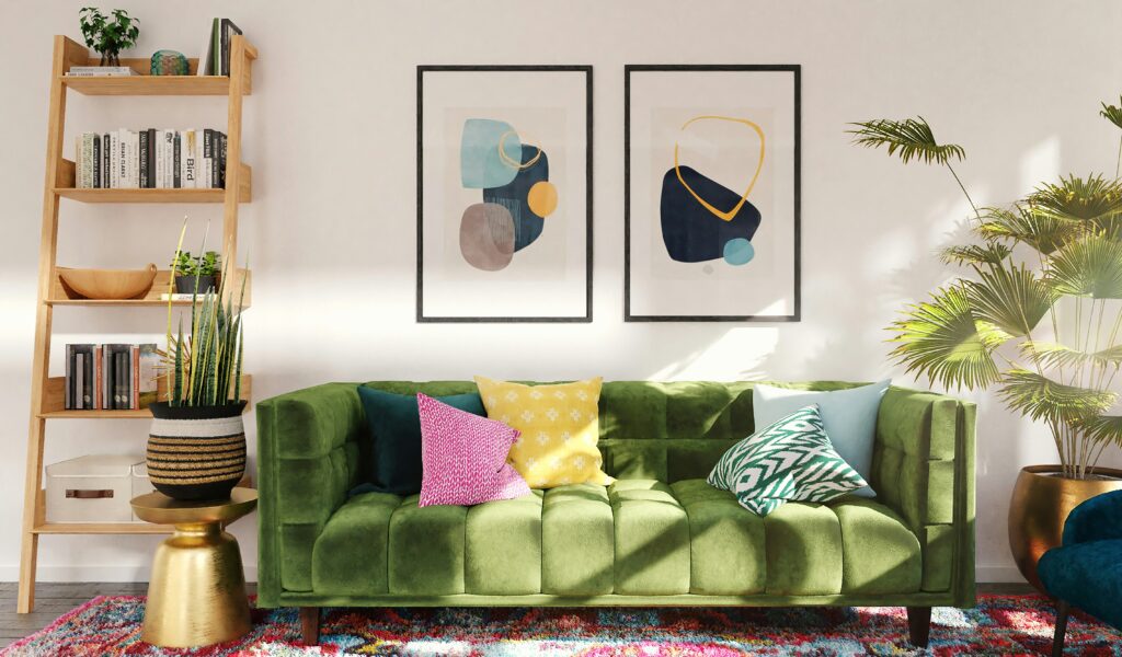 Soggiorno moderno con schema colore pastello per imbiancare casa