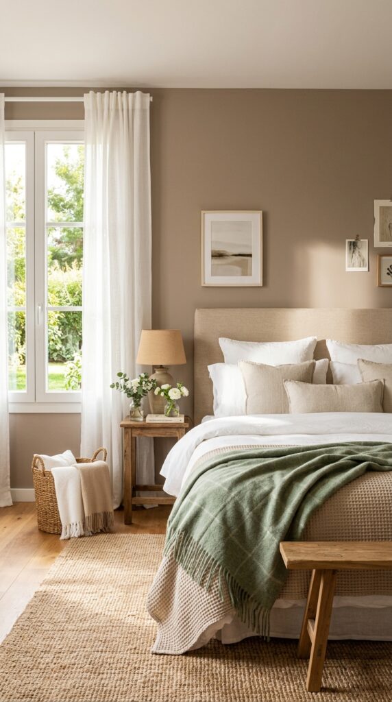 Camera da letto luminosa con schema colore neutro e naturale
