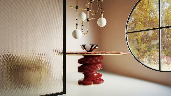 tavolo con piano in marmo rosso, base in laccato opaco rosso e dettagli in acciaio oro