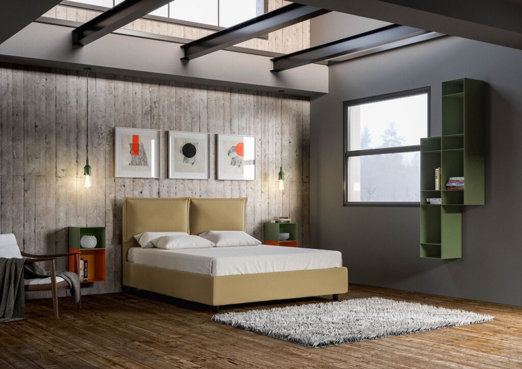 soluzioni per camere da letto piccole: recuperare spazio con un letto contenitore in tessuto beige in camera in stile industriale