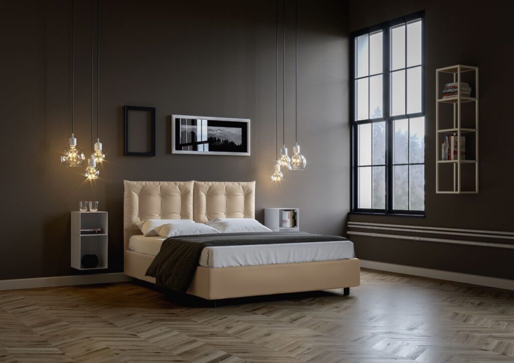 camera da letto in stile classico con pareti grigio scuro, luci in vetro a sospensione e letto contenitore in tessuto 
