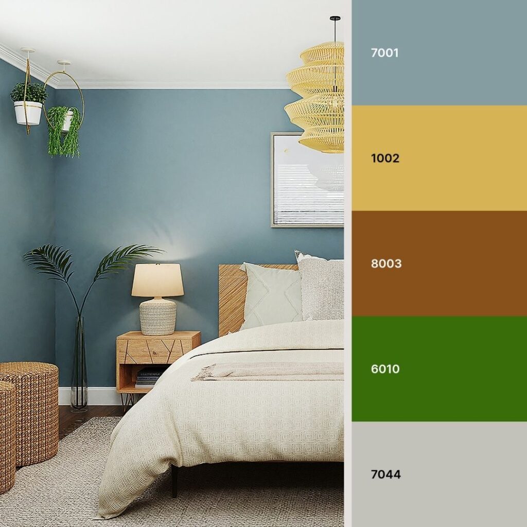 Abbinamenti colori pareti camera da letto in azzurro, legno rovere chiaro e tessili naturali