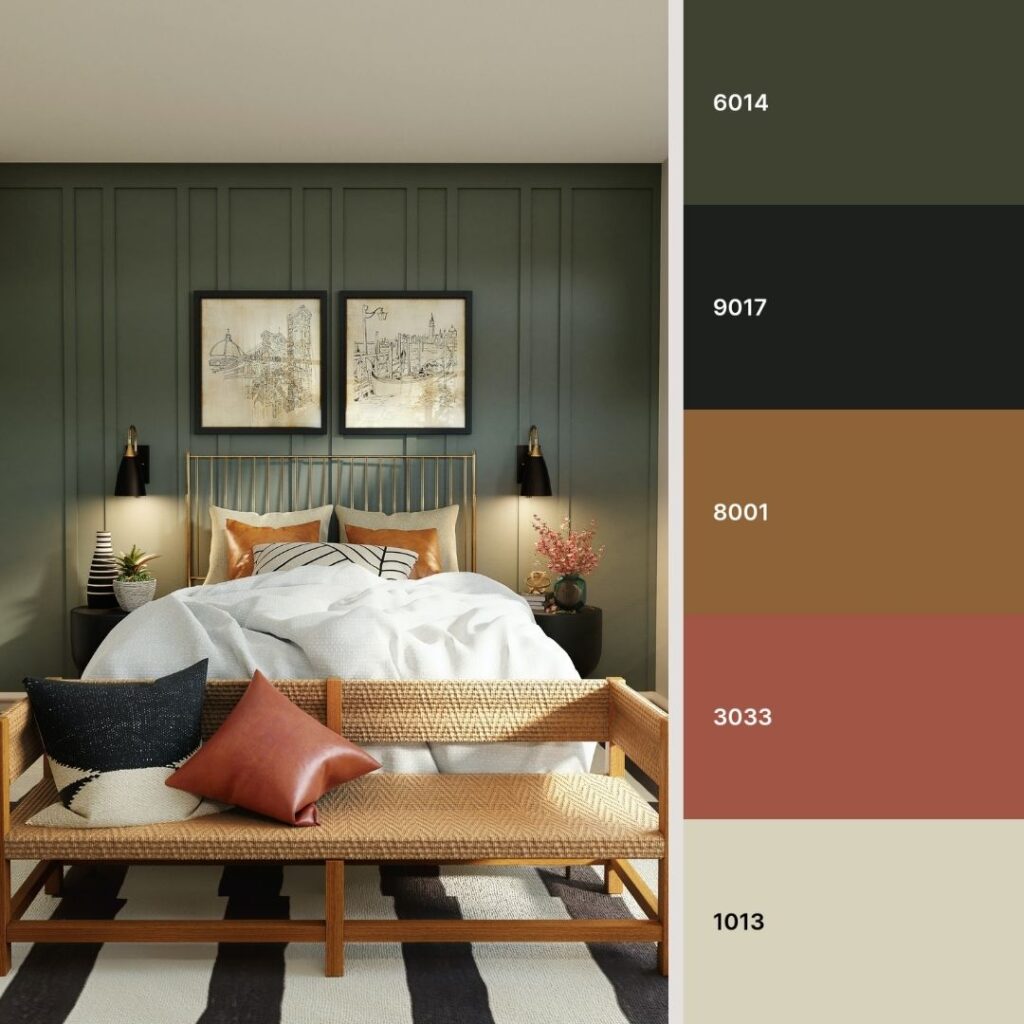 camera da letto stile eclettico con parete in legno verde muschio