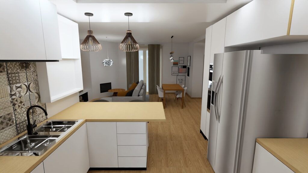 cucina lineare con penisola vista verso il soggiorno e la zona pranzo