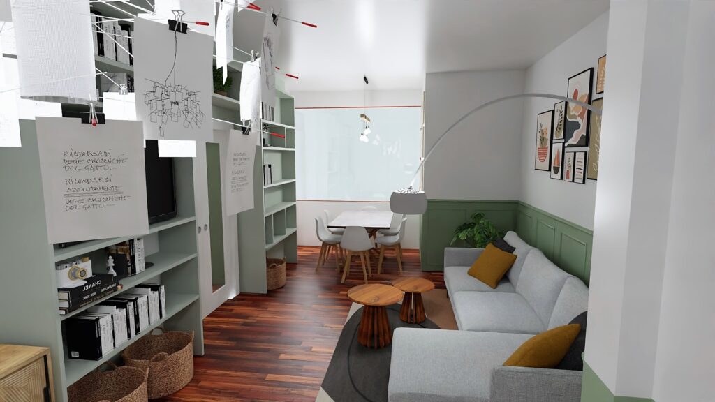 vista su soggiorno e zona pranzo comunicanti con la cucina in stile rustico