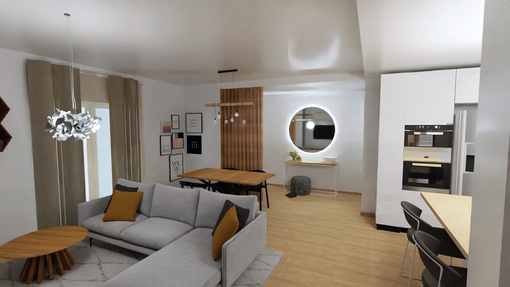 Cucina e soggiorno in un unico ambiente in rovere, bianco opaco e dettagli nero opaco per uno stile scandi