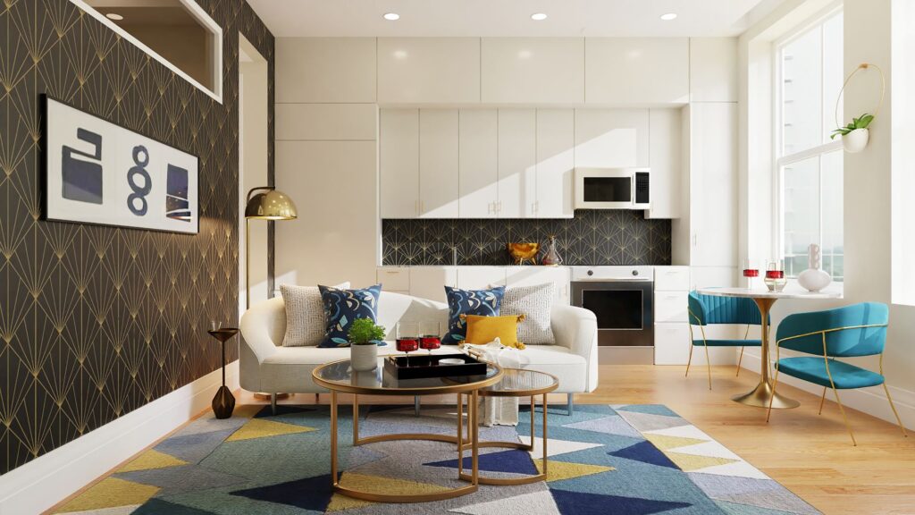 arredare piccoli spazi cucina soggiorno in un unico ambiante con stile moderno, colori azzurro nero e bianco