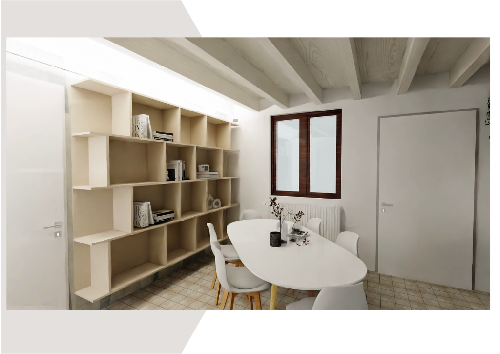 sala da pranzo con libreria e tavolo ovale