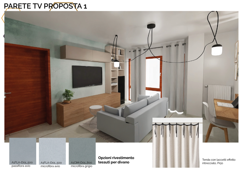 parete soggiorno su misura con divano a due posti azzurro 