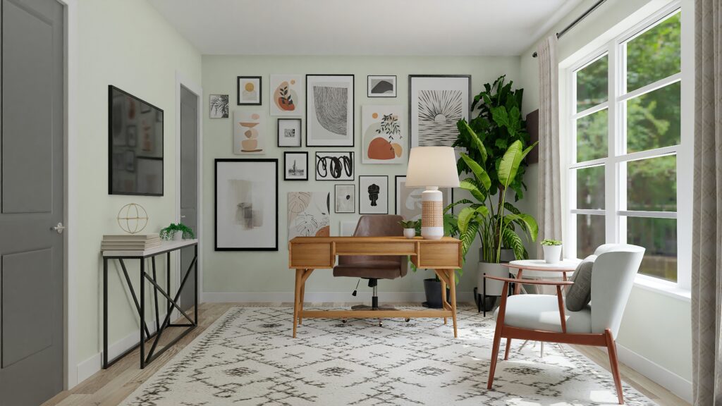 ufficio in stile moderno con tappeto hygge, poltrona in palissandro, scrivania in rovere e parete di quadri a tema geometrico