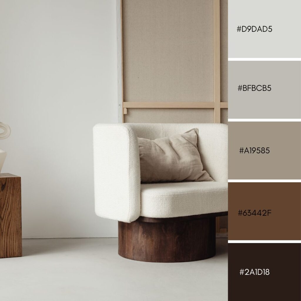colori soggiorno moderno con mix di bianchi caldi e tonalità tortora e marroni per uno stile contemporaneo 