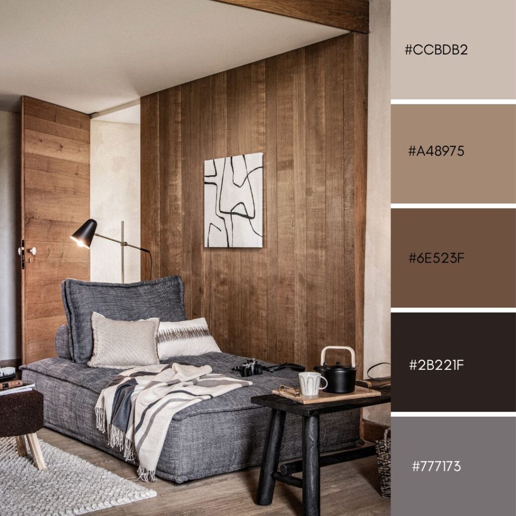 colori soggiorno moderno in stile nordico, con divano componibile in tessuto grigio, boiserie in rovere e dettagli neri
