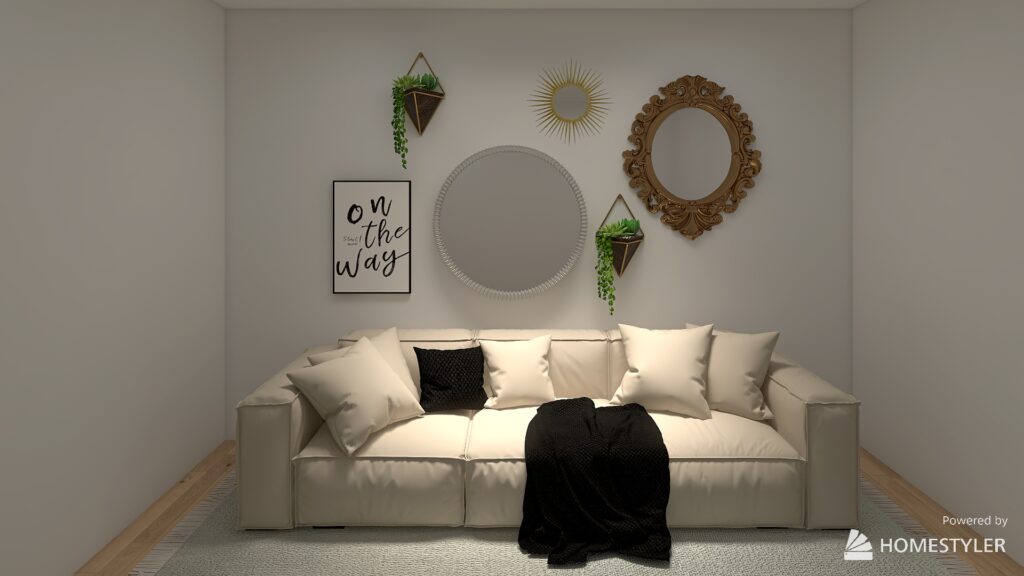 decorare la parete del salotto, sopra il divano bianco, con specchi, piante e poster