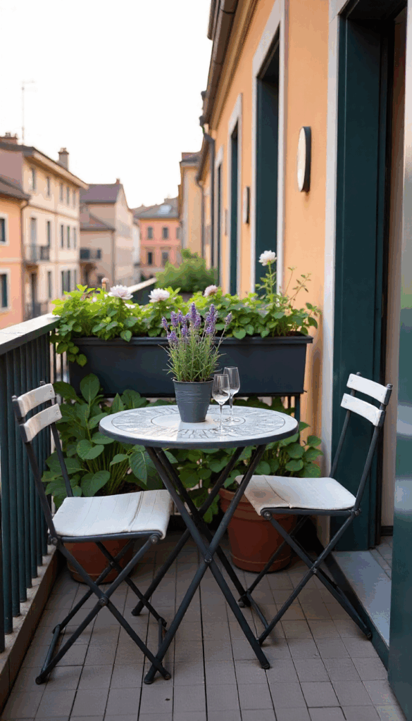 balcone piccolo con tavolo e sedie pieghevoli