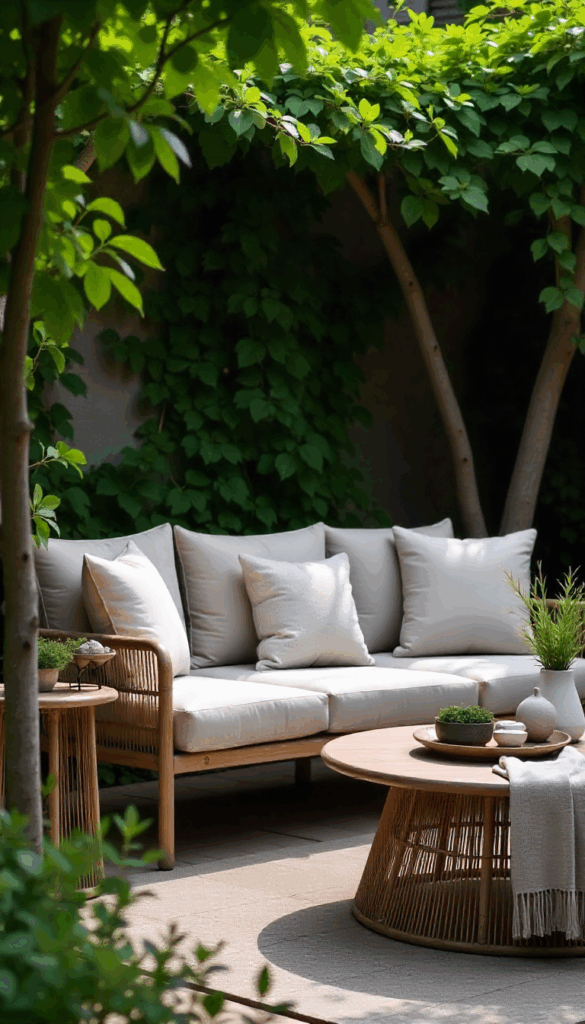 idee arredo giardino con divano e tavolo in legno e fibre sintetiche