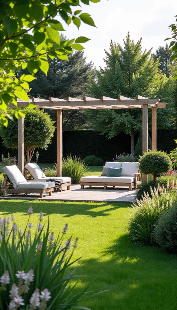 pergola con zona relax in mezzo a giardino