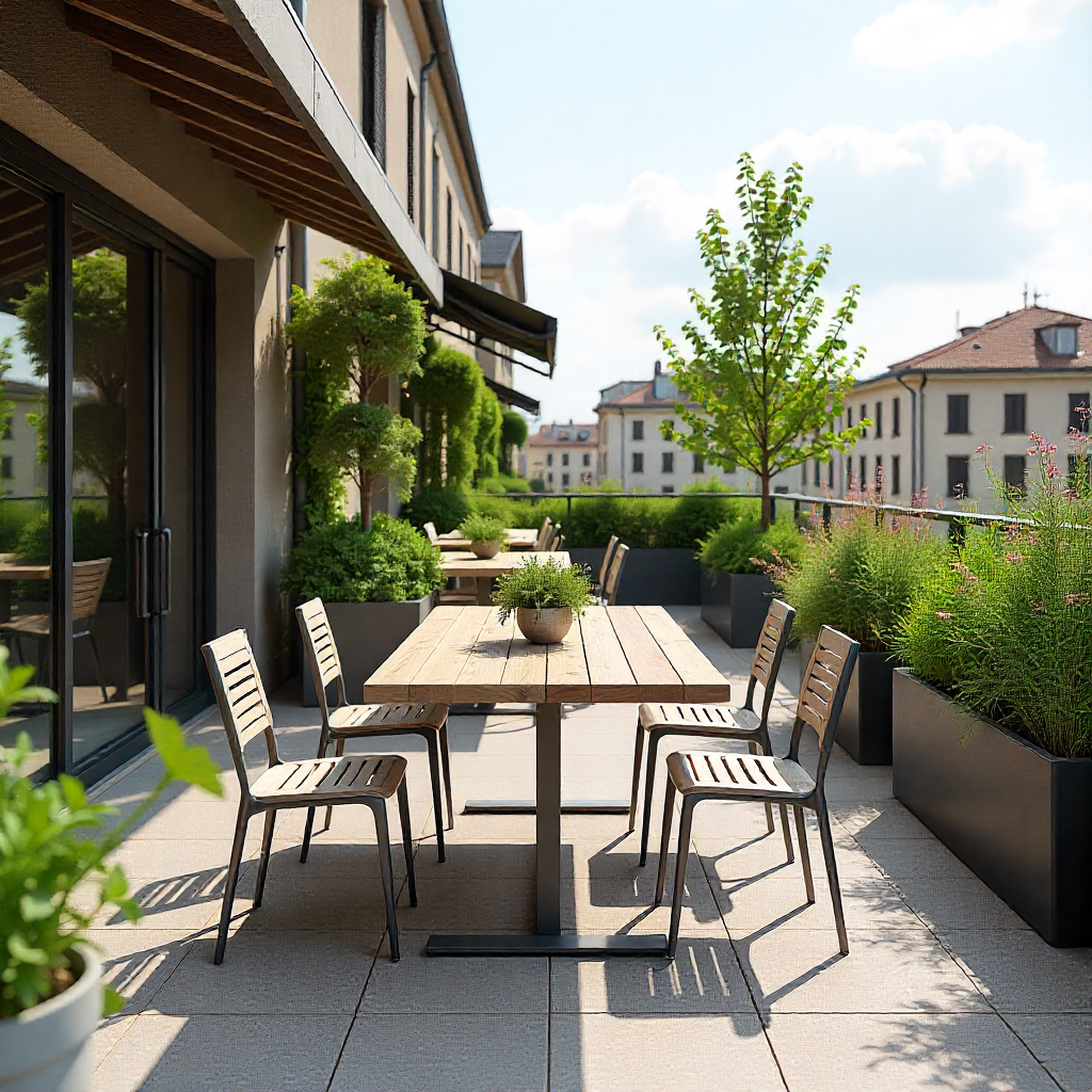 terrazza cittadina con zona pranzo e piante